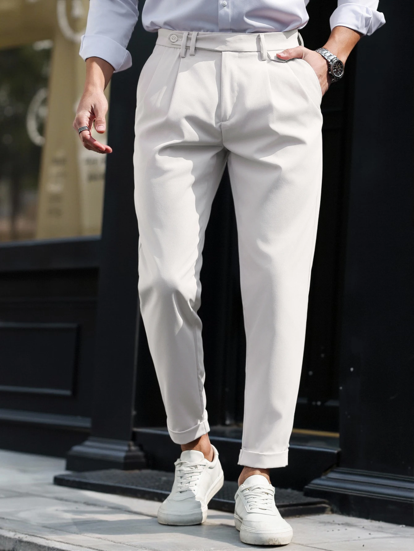 Herren Gurkha Hochgeschnittene Plissierte Gekrempelte Schmal Geschnittene Kurze Anzughose, 100% Polyester Business Casual Weiße Hose – Detail 2