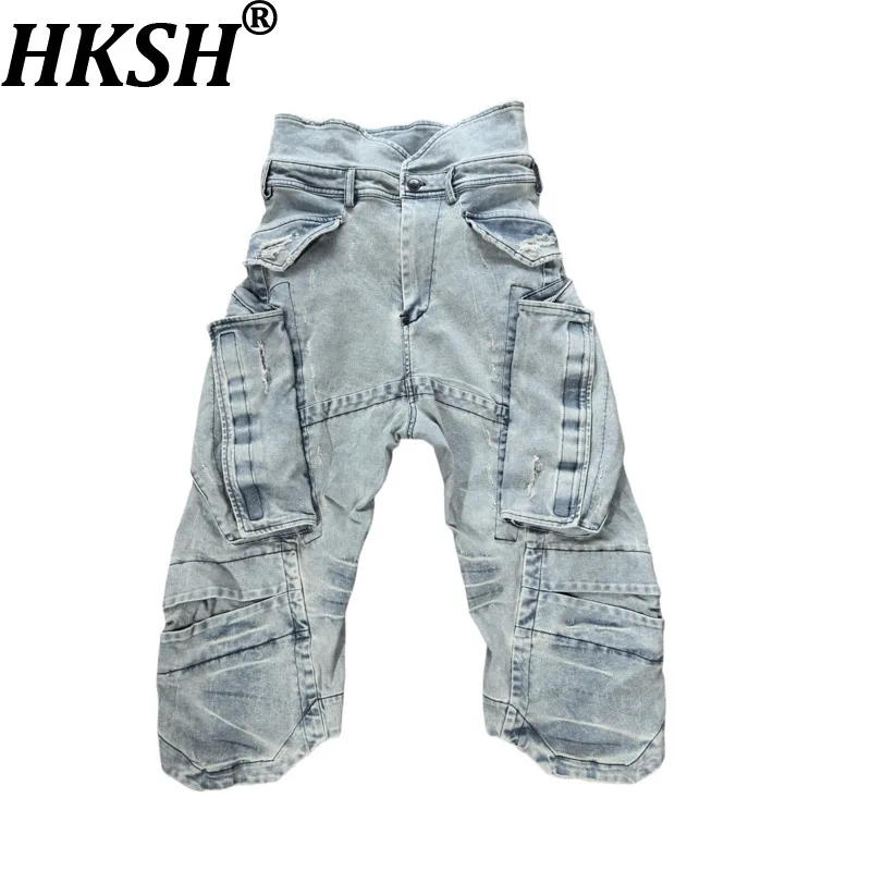 HKSH Spring Autumn New Men Tide Chic Ins Dark Waste Land Heavy Retro Ripped Jeans Deconstructed Safari Style Denim Pants HK28330