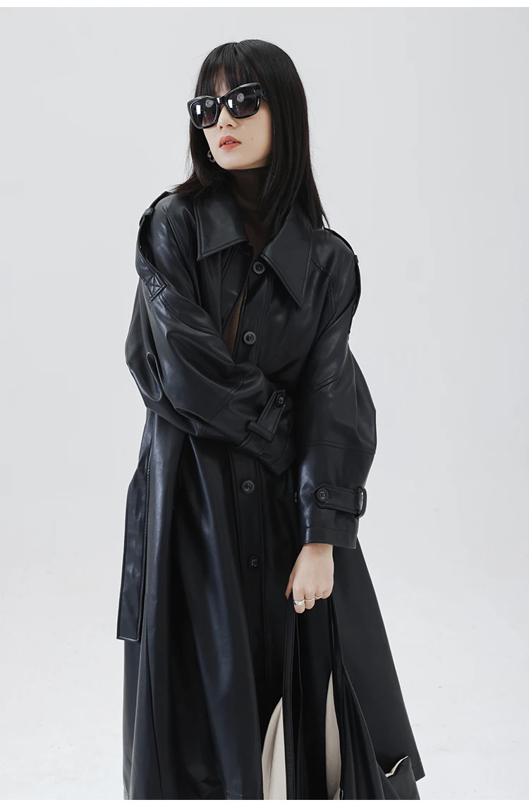 2024 Spring Oversized Long Green Black Soft Pu Leather Trench Coat for Women Raglan Sleeve Belt Single Breasted Fashion