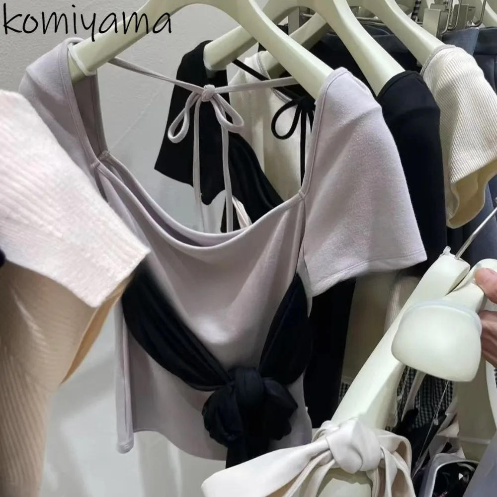 

Japan Bow Lace Up Ropa Mujer Square Collar Short Sleeve Roupas Backless Woman Clothes Summer Clothing Pure Desire Style Tee