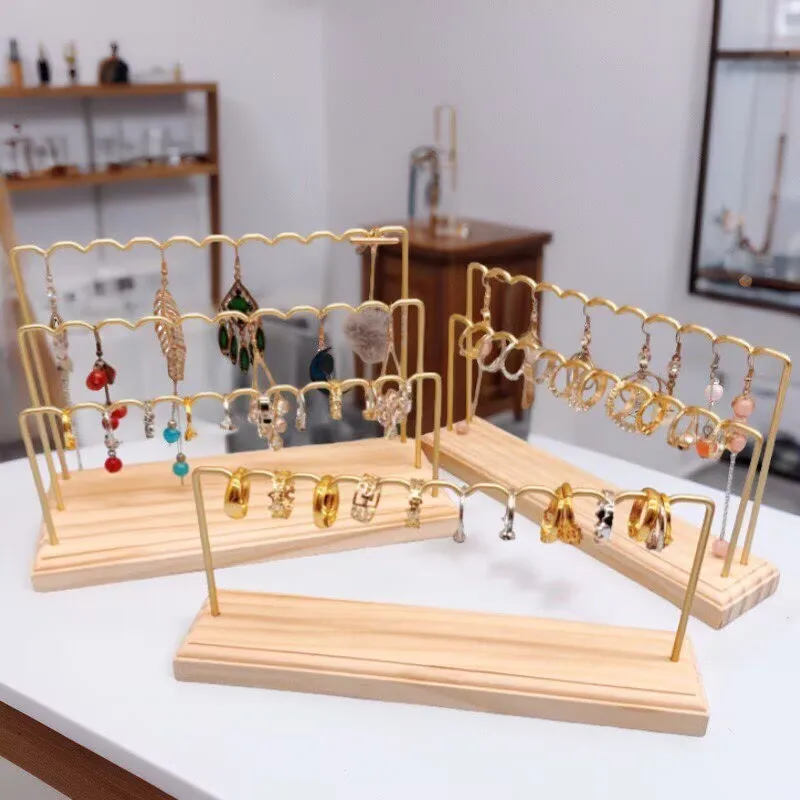Wood Earring Display Stand Long-Lasting Plated Metal Hanging Bar Stand with Iron Findings Golden Display Stands for Bracelet