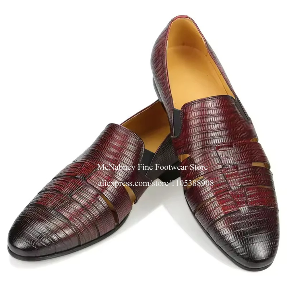 Breathable Cutout Burgundy Black Lizard Leather Loafers Slip on Men Dress Shoes Summer Gentlemen Formal Shoes Casual Daily Wear
