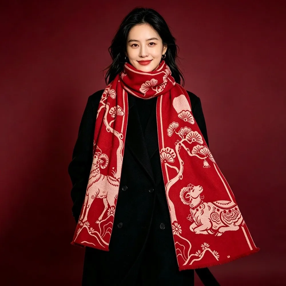 Lamb Cartoon Shape Chinese New Year Sheep Long Scarf Windproof Outdoor Winter Cashmere Scarves Thicken Polyester Long Turban