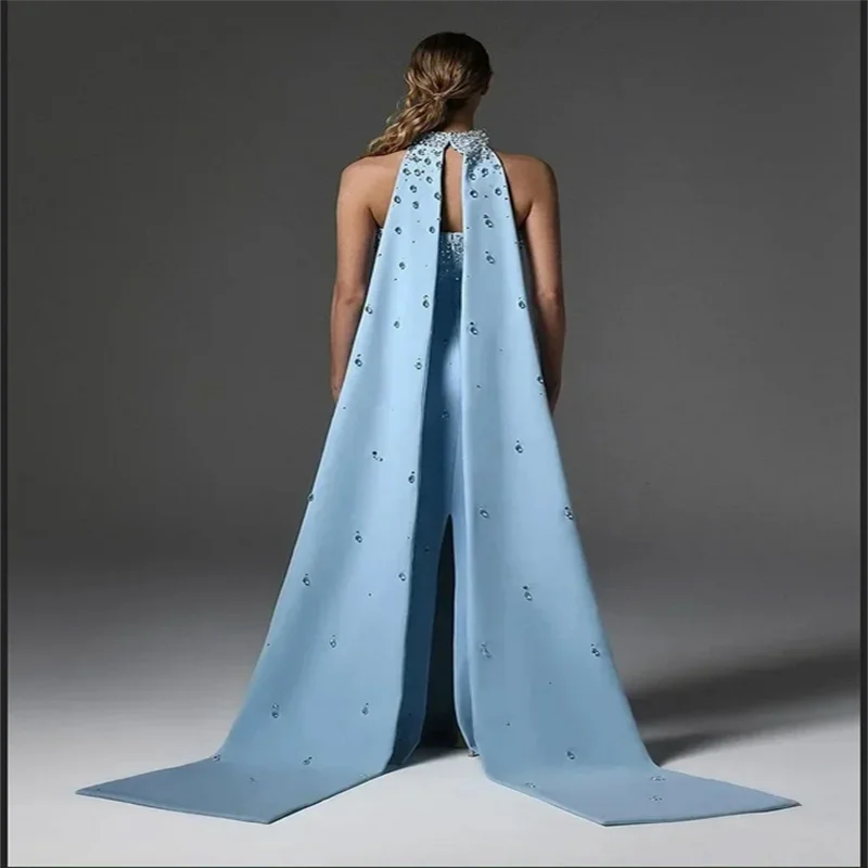 Azul halter sem alças strass vestido de baile sereia até o chão vestidos de noiva personalizado elegante sem mangas formal