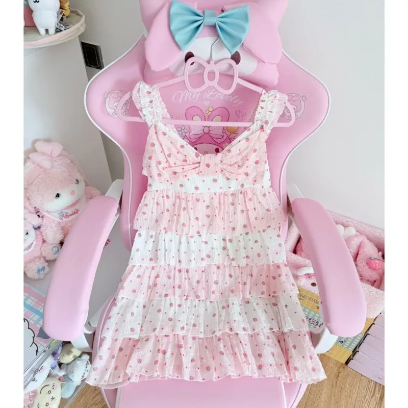 

Summer Korean Fashion Y2k Sweet Women's Dress Chic Japanese Lolita Cherry Print Bow Design Kawaii Mini Dress Skirt Woman Clothes
