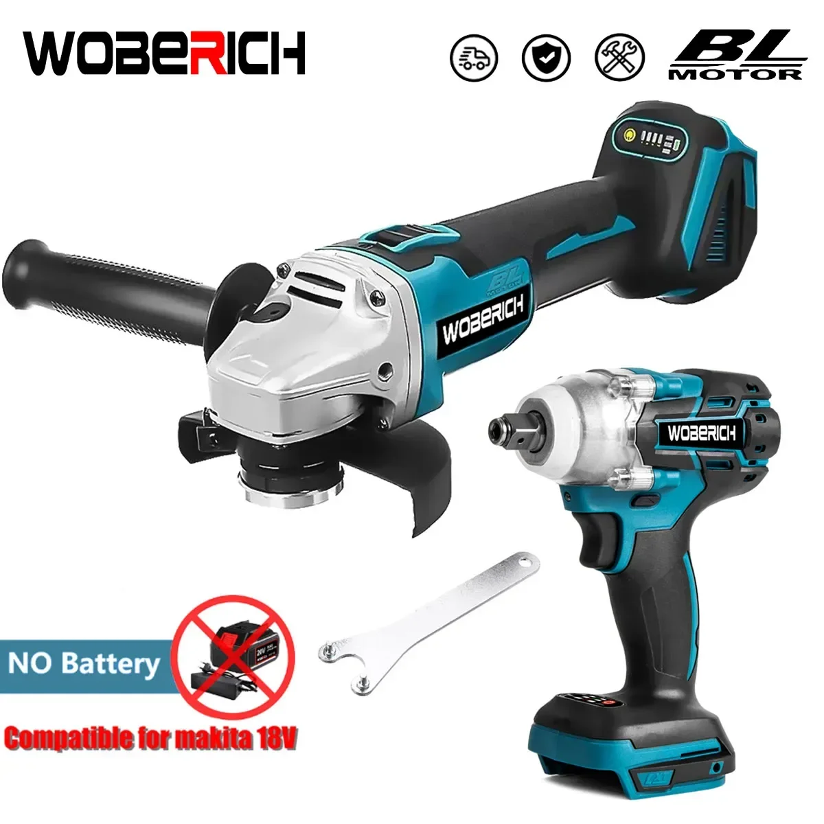 

Cordless Impact Wrench 125mm Brushless Electric Angle Grinder 18V Battery Devices Combo Kit for Makita Battery （No battery）