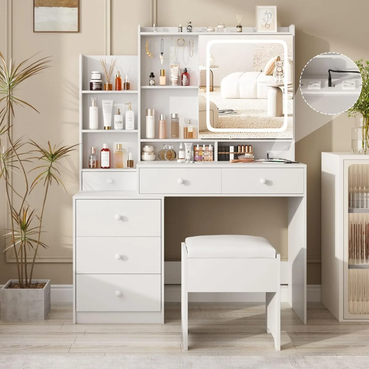 

White Vanity Desk Set with Led Mirror,Makeup Vanity Table with Power Strip,Dressing Table with Stool&Lots Drawers