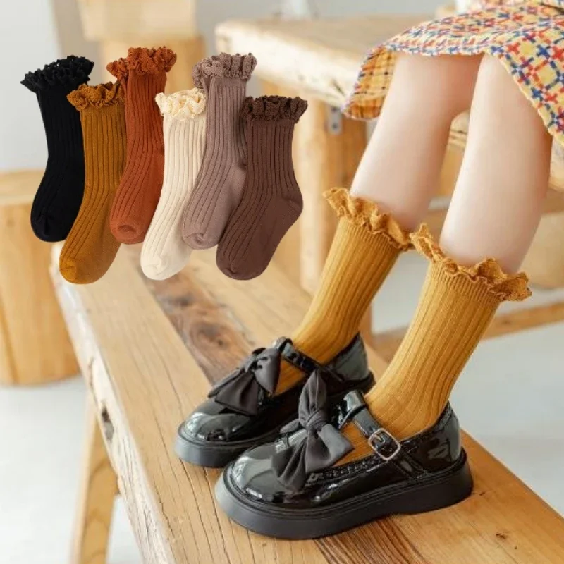 Korean Baby Children Girls Cute Striped Socks Kids School Uniform Stockings Princess Floral Ruffled Long Socks Mid-calf Socks