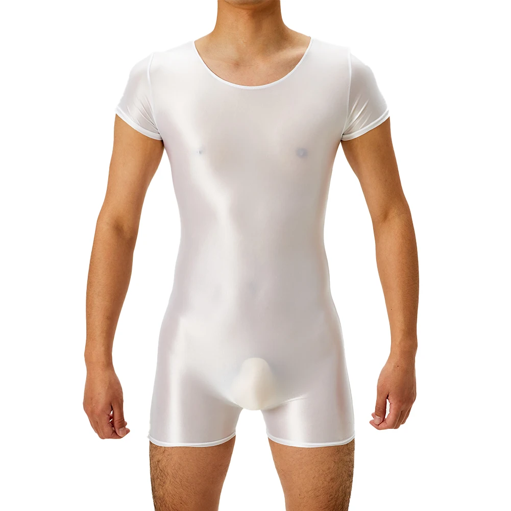 Sexy Men's Bodysuit Underwear Short Sleeve Oil Shiny Tights High Elastic Man Shapers Leotard Lingerie Clubwear