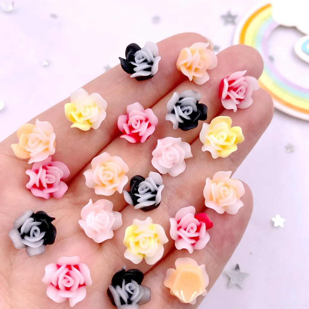 50pcs Resin Colorful 10mm Cute Rose Flower Gems Flatback Stone Applique DIY Wedding Scrapbook for Nail Buttons Accessoire Crafts