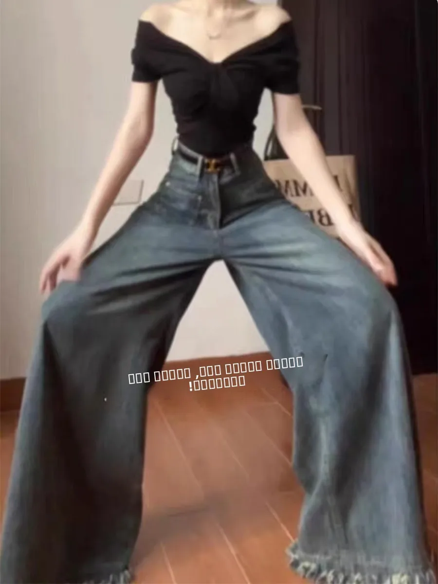 

plus Size American Sle Straight Leg Jeans Women Loose High Waist Wide Leg Floor Length Pants Casual Blue Denim Spring Autumn