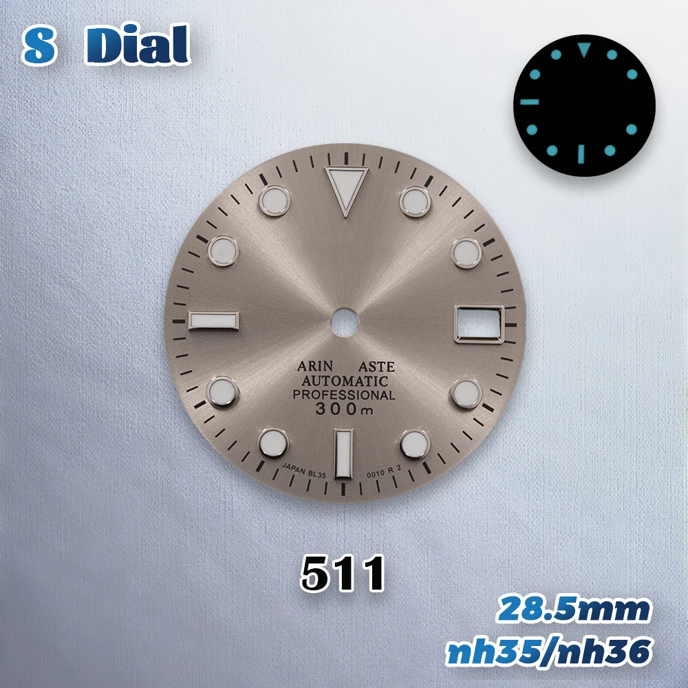 S Logo 28.5mm MARINEMASTE Dial Fit NH35/NH36/4R/7S Movement Ice Blue Luminous Exquisite Watch Modification Accessories