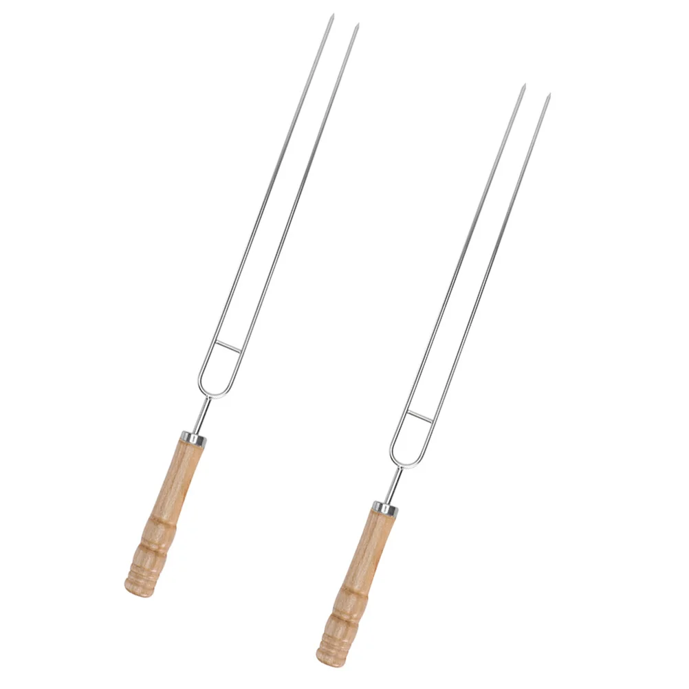 

2pcs Stainless Steel Bbq Skewers Wood Handles High Temperature Resistant Durable Reusable For Meat Vegetables Grilling Camping