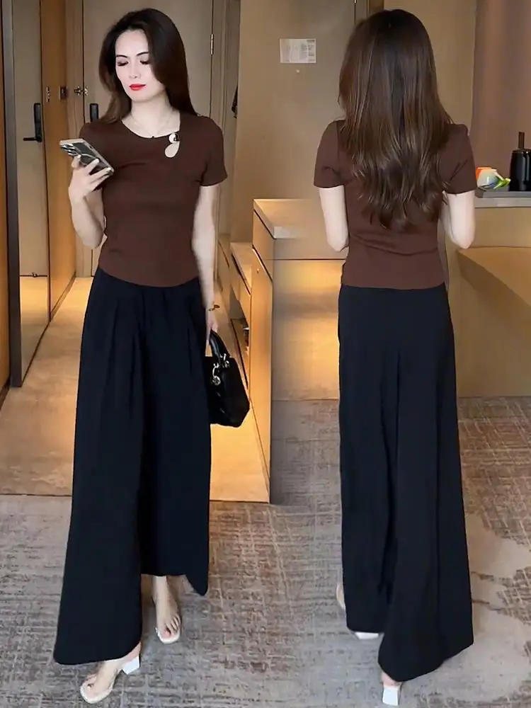 

Fashionable Women's Summer 2026 Slimming Two-Piece Set Trendy Wide Leg Pants T-Shirt Design Sensation Meat Concealing