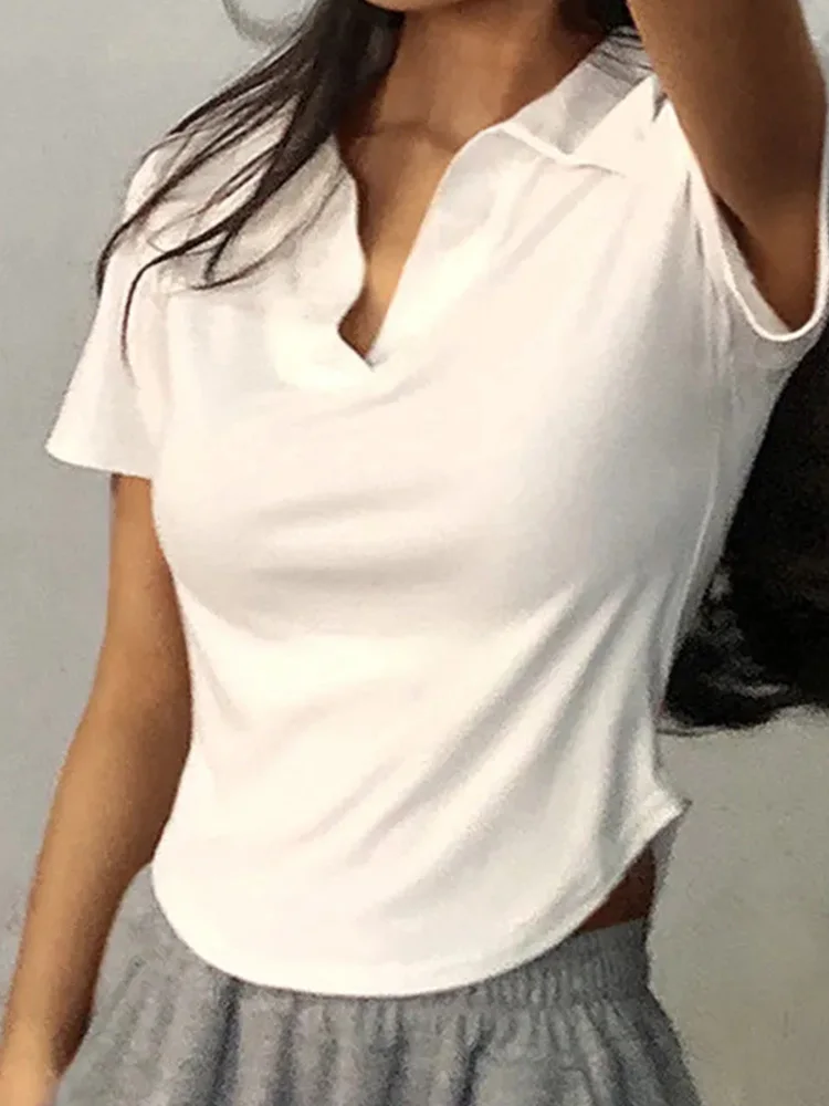 Summer Short Sleeve Lapel Top Women\'S Solid V-Neck Pullovers Retro Sweet Shirts Hot Girl Crop Top Female Slim Versatile Tee