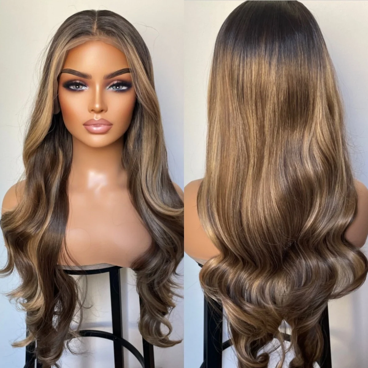 

Выделите Omner Brown Wig Body Wave Синтетические парики спереди для женщин 13x4 Предварительно выщипанный парик Термостойкие волосы Готовые к ношению