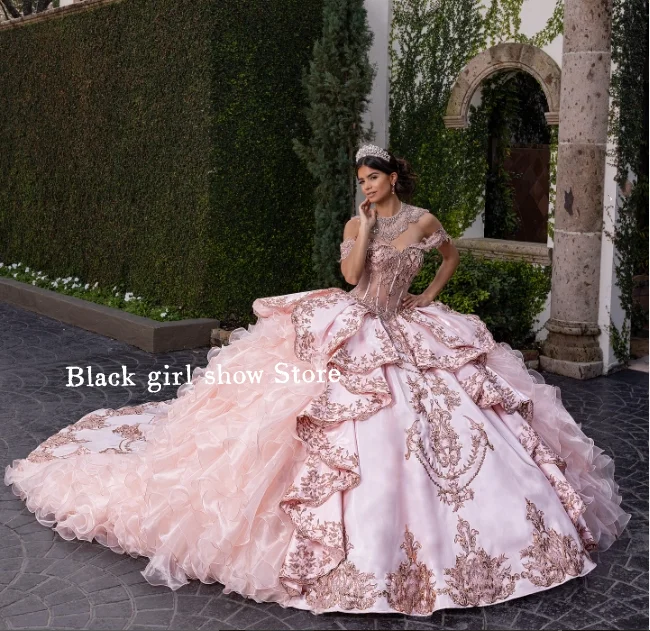 

Pink Glitter Off Shoulder Quinceanera Dresses Gorgeous Beaded Appliqué Tulle Ruffle Mexican Dress vestidos xv años