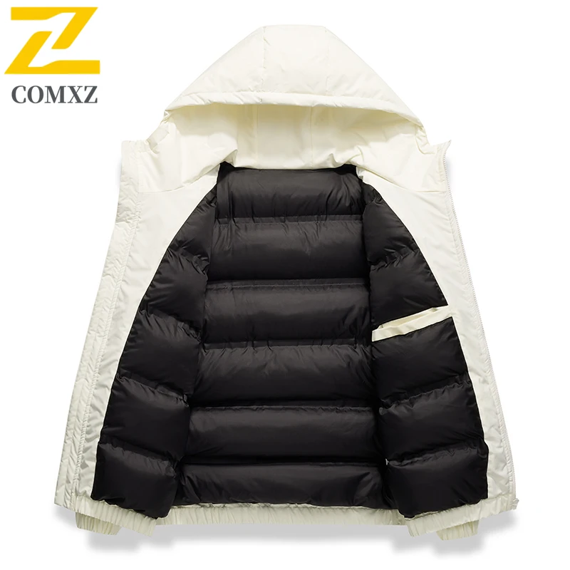 COMXZ Winter Padded Jacket 2025 New Luxury Hooded Outdoor Travel Cold Proof Coat Mens Fashion Splicing Daily Warm Outerwear