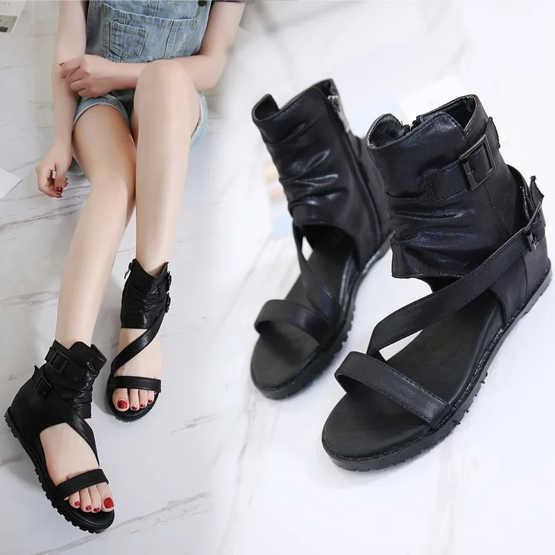 Vintage Cover Heels Wedges Womens Sandals Summer Open Toe Buckle Belts Side Zipper Hide Mid Heels High-Top Cool Boots Sandalias