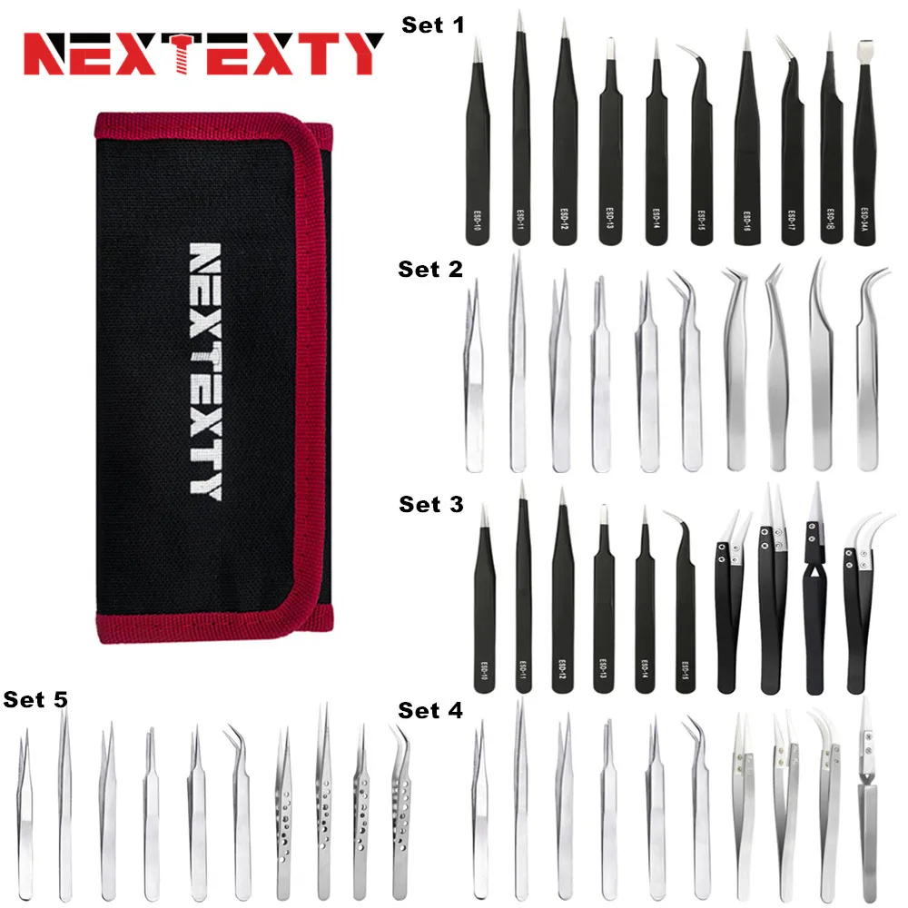 10Pcs Tweezers Set With Bag Industrial Electronic ESD Stainless Steel Anti-Static Precision Tweezer Kits Phone Repair Hand Tools