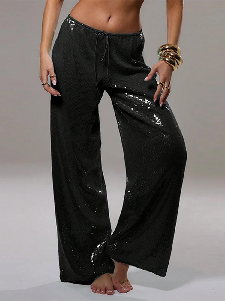 Loose Solid Color Sequin Pants Woman Cinched Waist Glitter Straight Baggy Long Pants Casual Street Chic Sparkle Women's Trousers