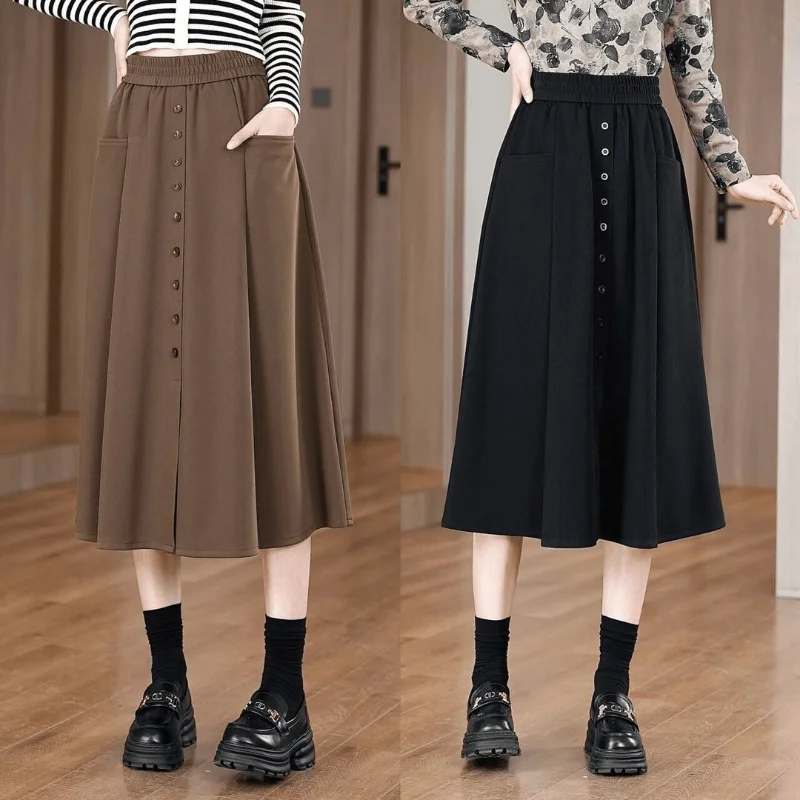 

Women's Autumn Winter New Ins Trendy Versatile Single-breasted Plus Velvet A-line High-waist Casual Mid-length Skirt