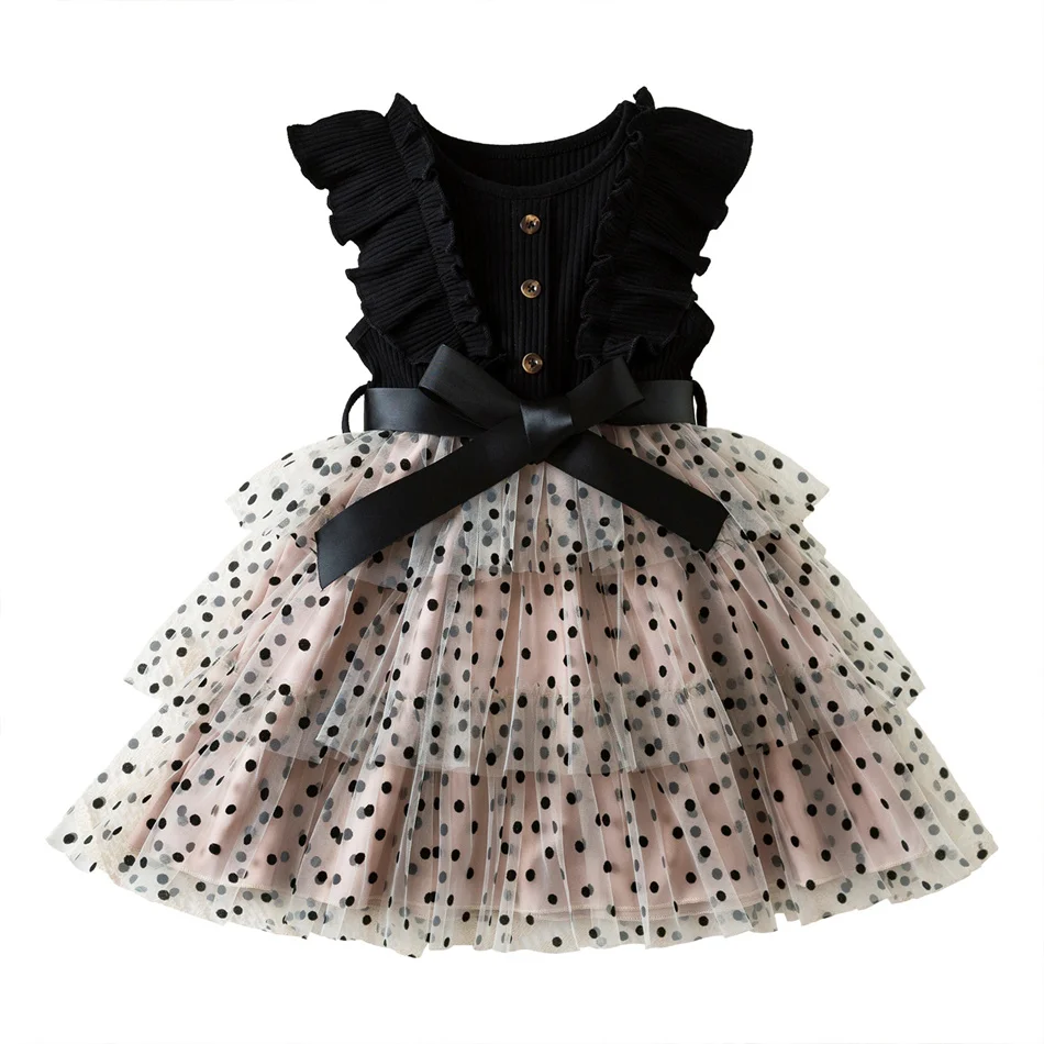 Kids Printed Polka Dot Bow Dress Baby Girls Casual Costume Children Sleeveless Birthday Gift Clothing Black Off-white Rose Red