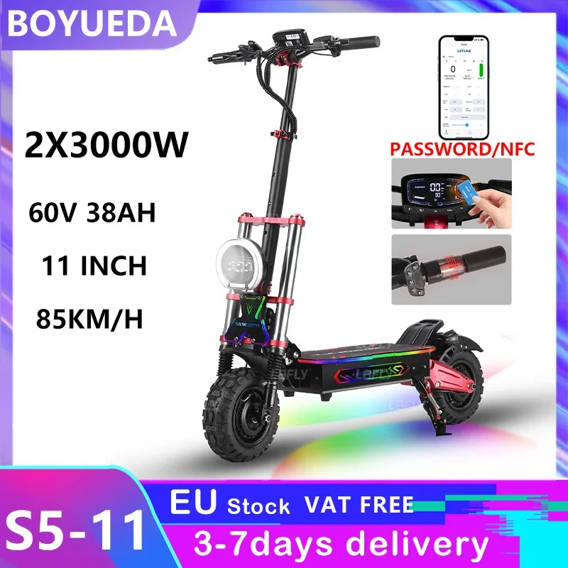 

Boyueda S5-11 11in off-road scooter 2*3000W dual motor 60V38AH large battery NFC + password power on hydraulic brake System