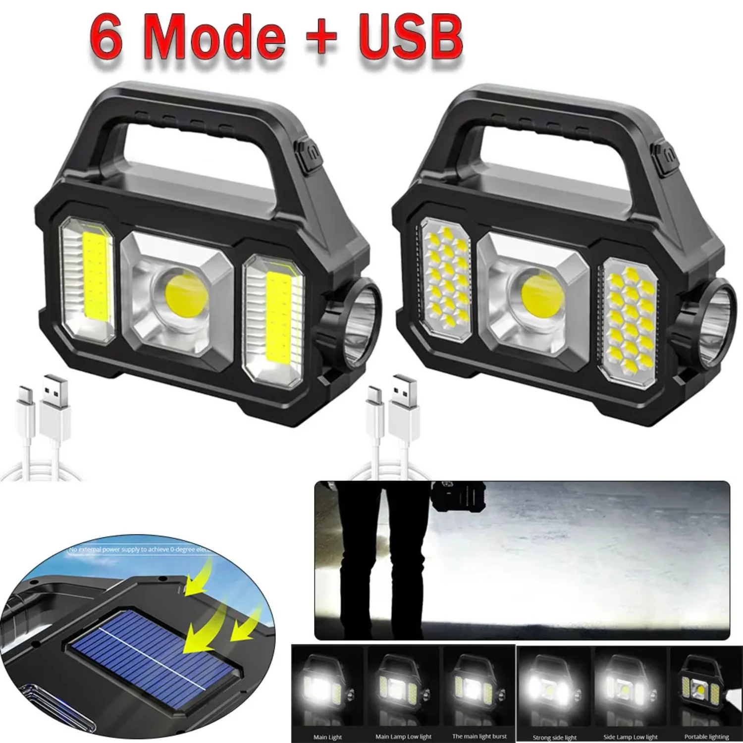 500lm Flashlight Rechargeable Waterproof 6 Gears Torch Light Portable Powerful Lantern Solar USB Charging  Camping Hiking