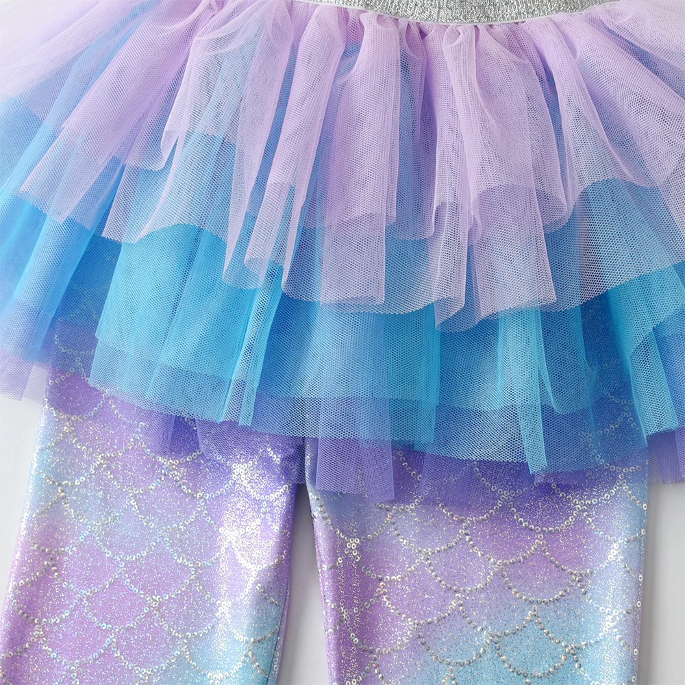 Mädchen-Leggings mit Meerjungfrauen-Print und mehrlagigem Mesh-Tutu-Rock für Tanz, Kinder-Ombre-Schuppen-Glitzer-Polyester-Hosen mit Farbverlauf – Detail 7