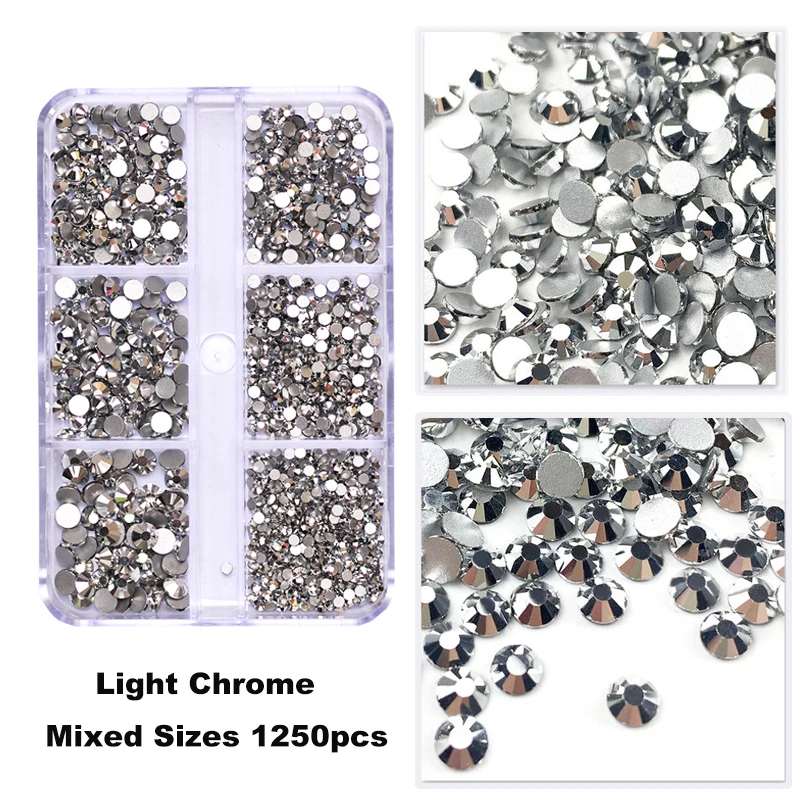 

6 Grids/Box Mixed Sizes Light Chrome Rhinestones Non Hotfix Flatback Nails Accessories for DIY Design Nail Art Decoration