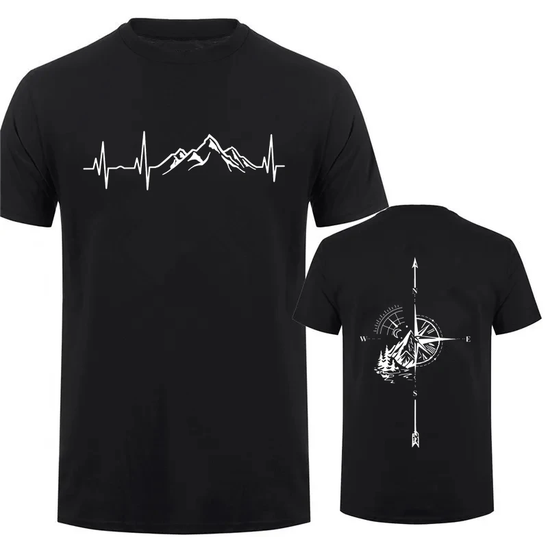 Men's T-shirt Compass Adventure Retro Creative Print Short Sleeved T-shirt Men Women Cardiogram Mountains Trendy Brand Shirts