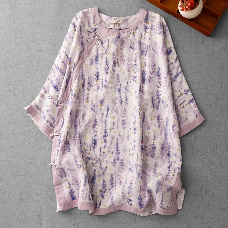

Summer New Sle Pure Cotton Lav Print round Ne Long Tea Costume for plus Size Women Anti-Aging Mommy Clothes