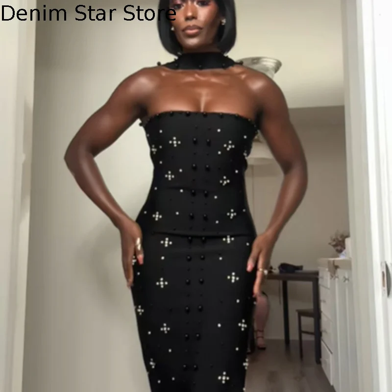 キラキララインストーンスリムドレスセクシーホルターバックレスイブニングガウンノースリーブボディコンスカート2025新作エレガントパーティードレス