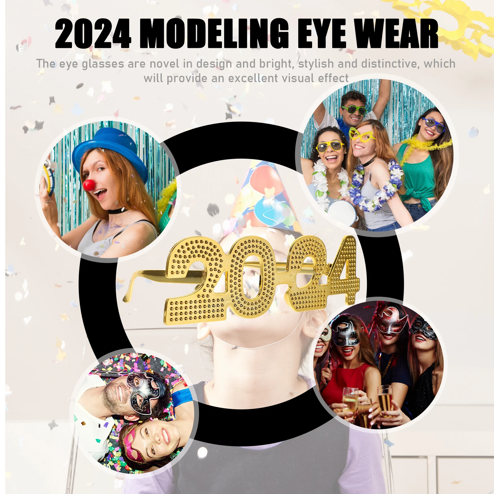

2024 Modeling Eye Wear Funny Glasses New Year Party Supplies Golden PC Material Photo Props Plastic Sunglasses