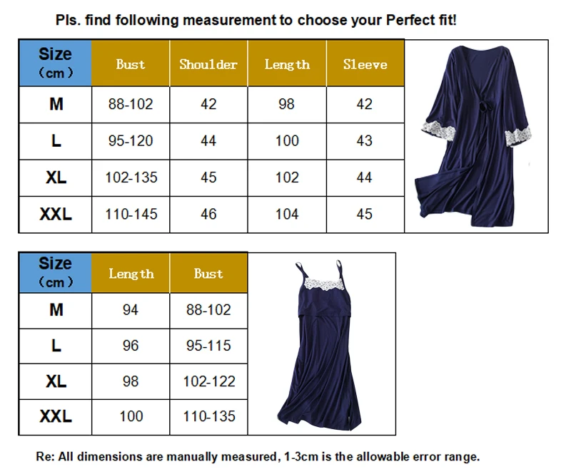 Maternity Nursing Nightgown & Robe Set size chart
