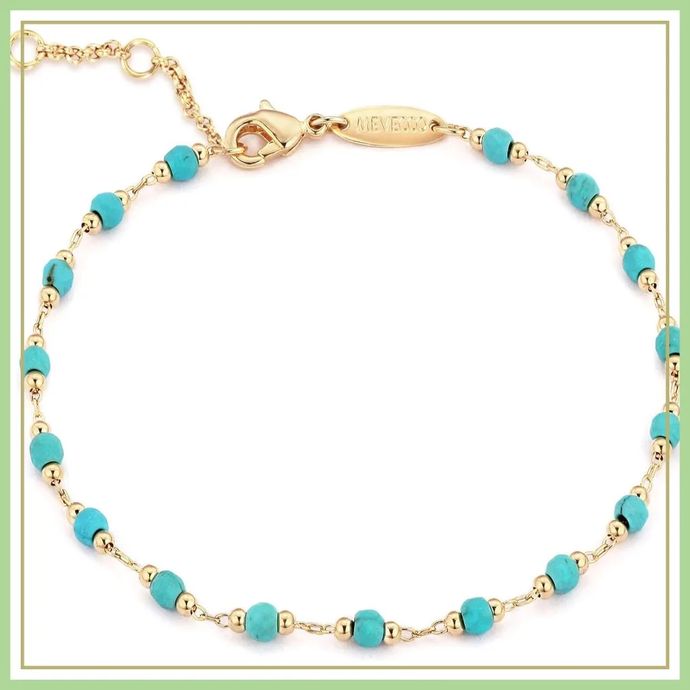 

Gold Round Turquoise Beaded Bracelets, 14K Gold Plated Handmade Cute Dainty Bracelet for Women
