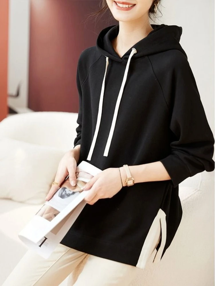 Trendy Side Split Hooded Sweatshirt Women Loose 2026 Spring Fall Winter New Arrival Fleece Casual Simple Top