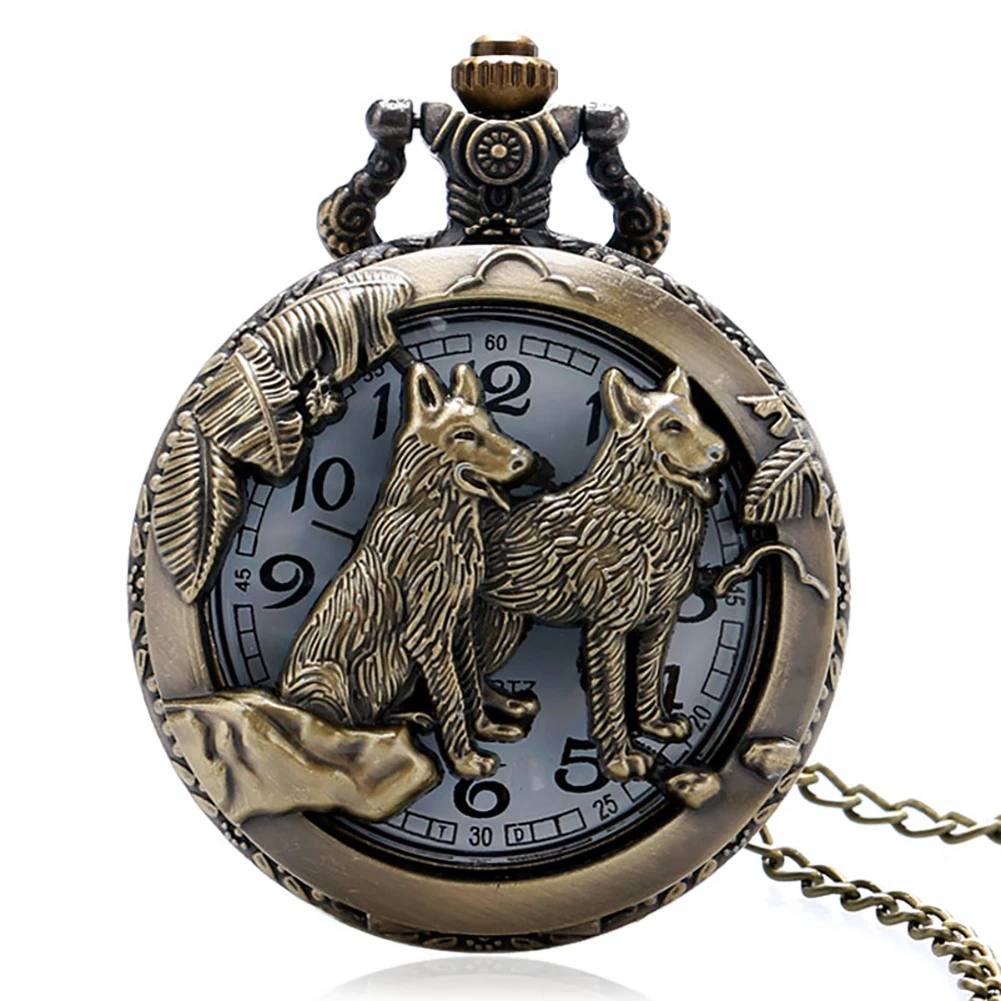 Reloj de bolsillo con colgante de cuarzo para hombre y mujer, pulsera Retro de bronce con diseño de perros dobles huecos, con cadena de collar, el mejor regalo