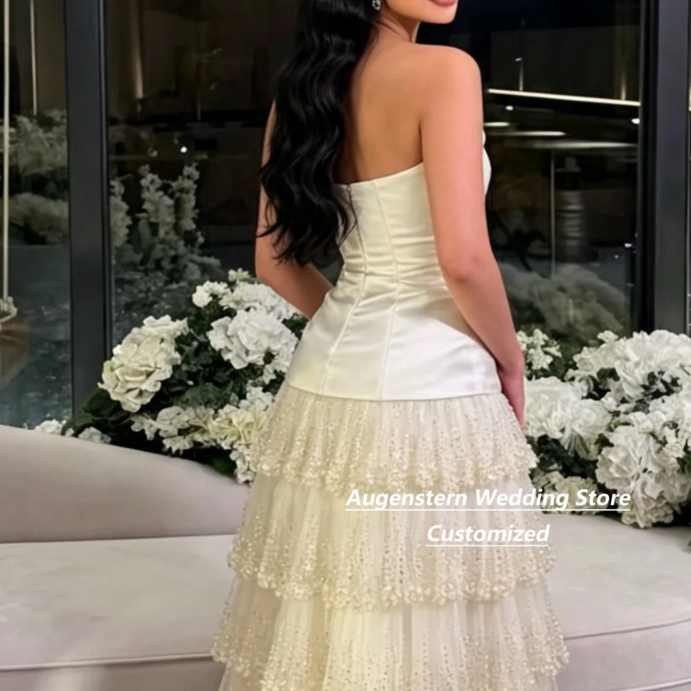 Customized White Satin Strapless Tiered Tulle Mother Of The Bride Gown Beaded Ruffle Skirt For Wedding Formal Party Plus Size view 2