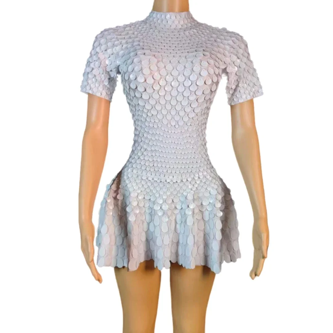 Vestido blanco de manga corta con lentejuelas para mujer, traje de cantante, bailarina, Drag Queen, fiesta de boda, cumpleaños, escenario, disfraz de DJ DS Gogo