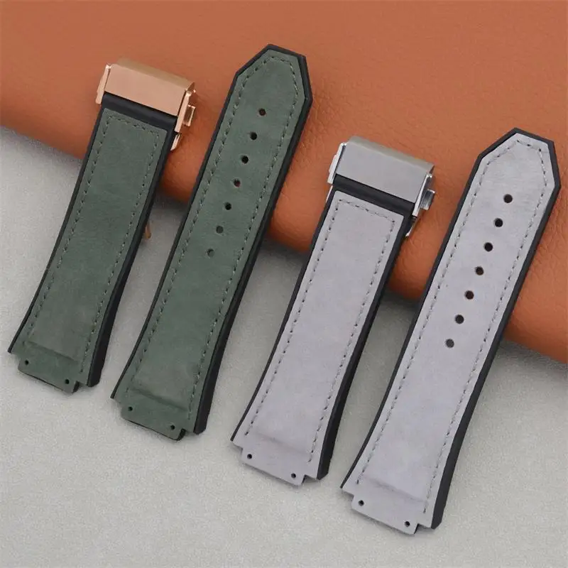 HAODEE Soft Nubuck Leather With Rubber Watchband For HUBLOT Strap For King Power Series 29x19mm Men's Chain Wristband