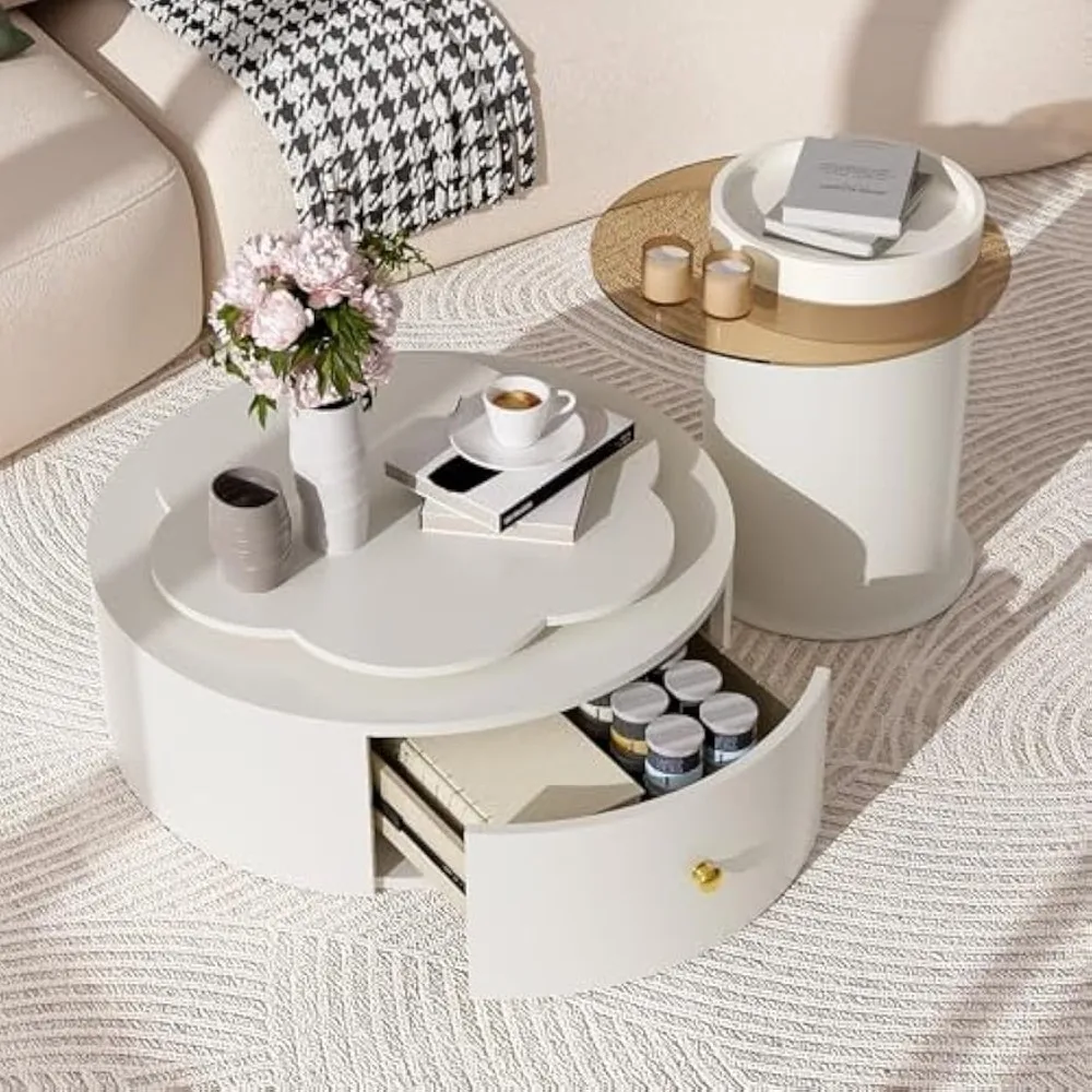 

Coffee Tables, Degree Rotatable Flower-Shaped Top with 2 Drawer, Top Circle Side Table End Table with Glass for Living Room