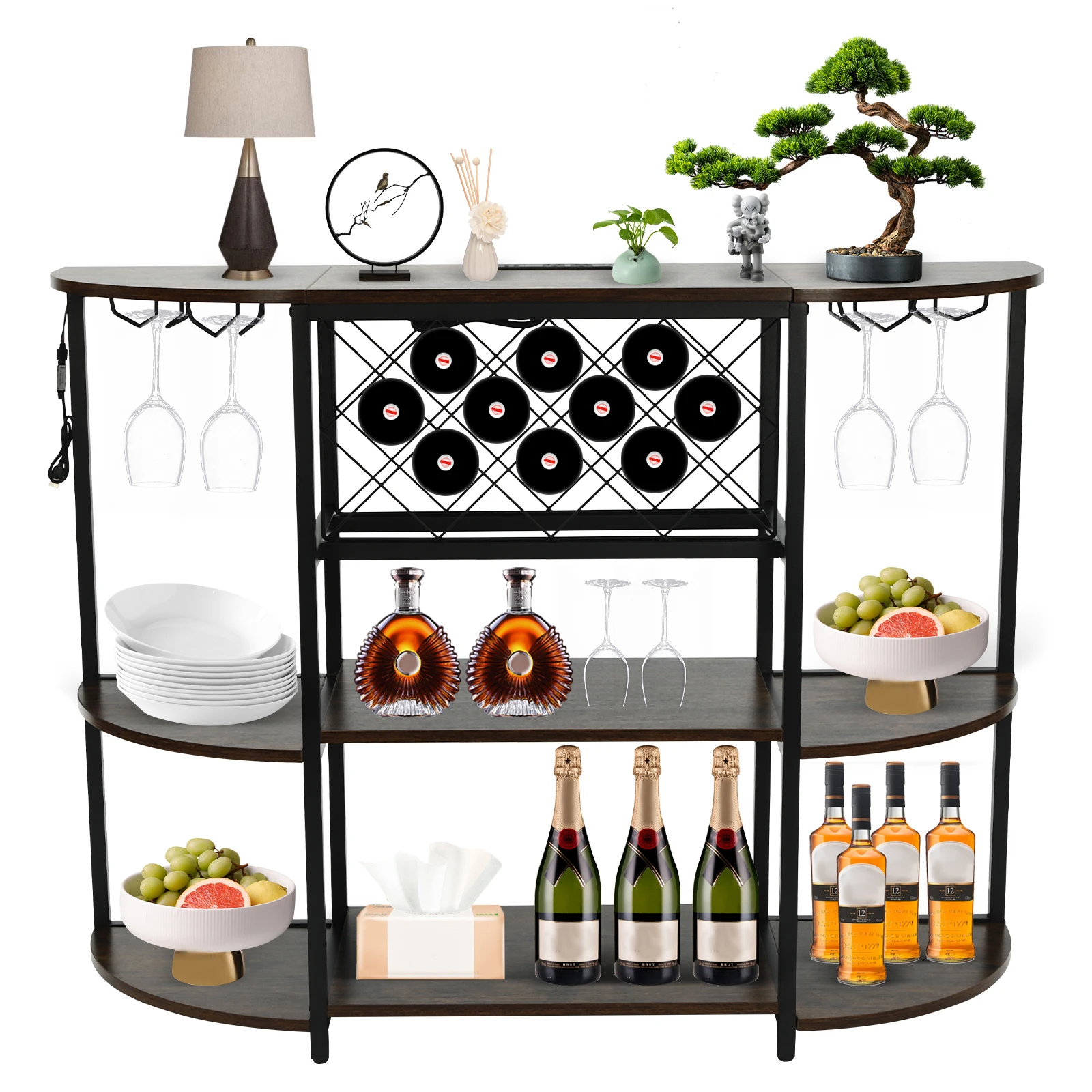 

Coffee Bar Table Cabinet with Power Outlet LED Light Liquor Wine Storage Stand Metal Coffee Bar Cabinet with Outlet and LED Ligh