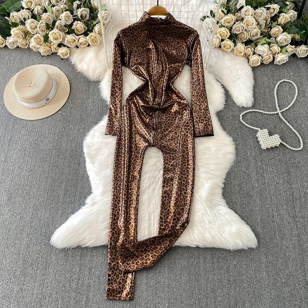 TWOTWINSTYLE Sexy Leopard Print Jumpsuits For Women Stand Collar Long Sleeve High Waist Pants Chic Jumpsuit Female New KJU557738