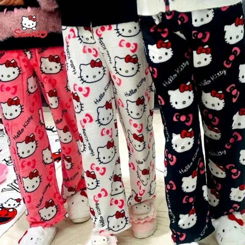 Cadılar bayramı Sanrio Hello Kitty Pijama Pantolon Anime Flanel Rahat Moda Gevşek Pantolon Kadın Kawaii Yün Anime Karikatür Pantolon