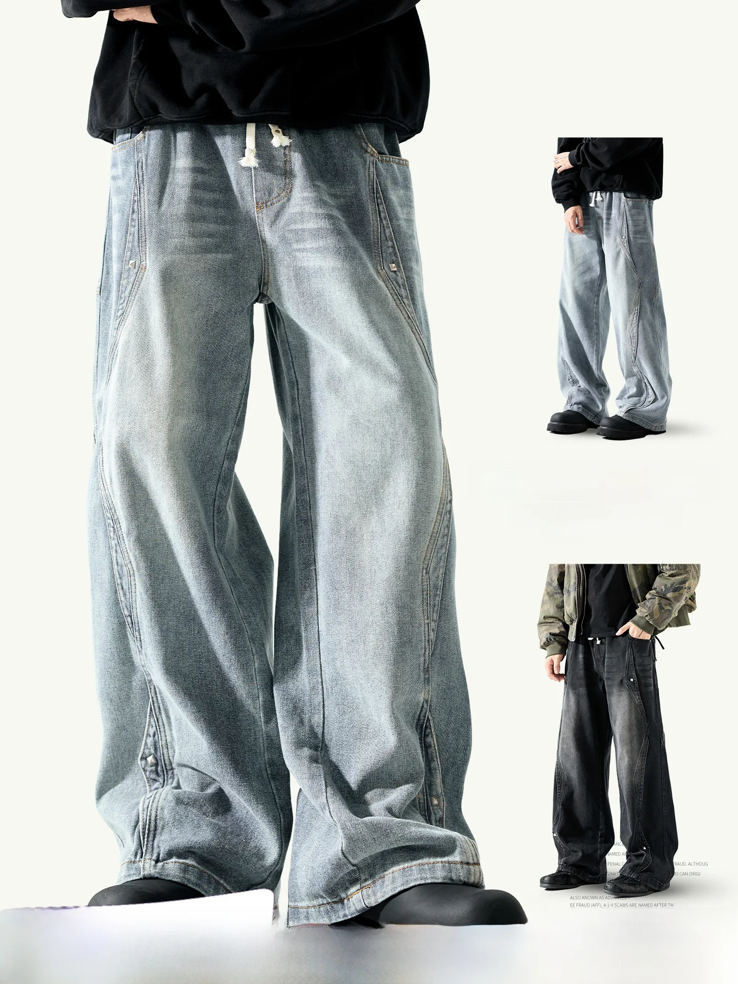 

American Sle Loose Straight Leg Jeans Men's Spring Autumn Deconstructed Patchwork Trendy Waed Jeans Casual Cotton Denim