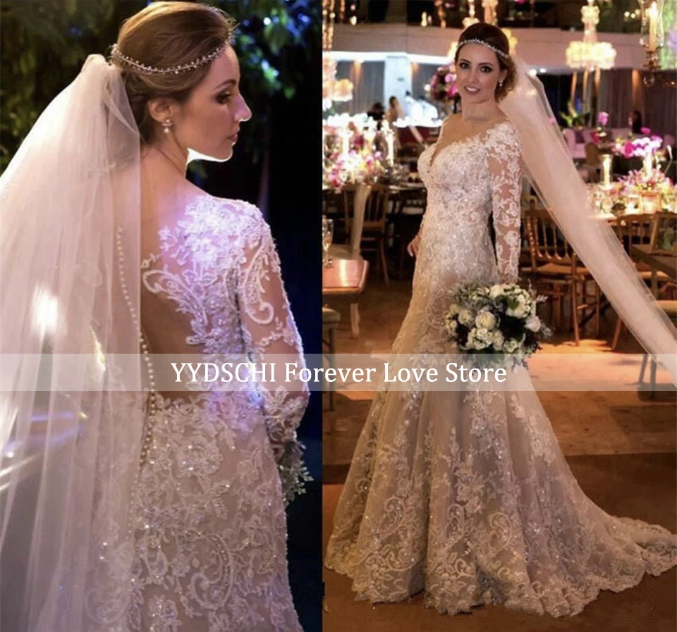 

Elegant Mermaid Sequined Lace Appliques Wedding Dress 2023 Sexy Deep V-Neck Illusion Button Back Long Sleeves Women Bride Gowns