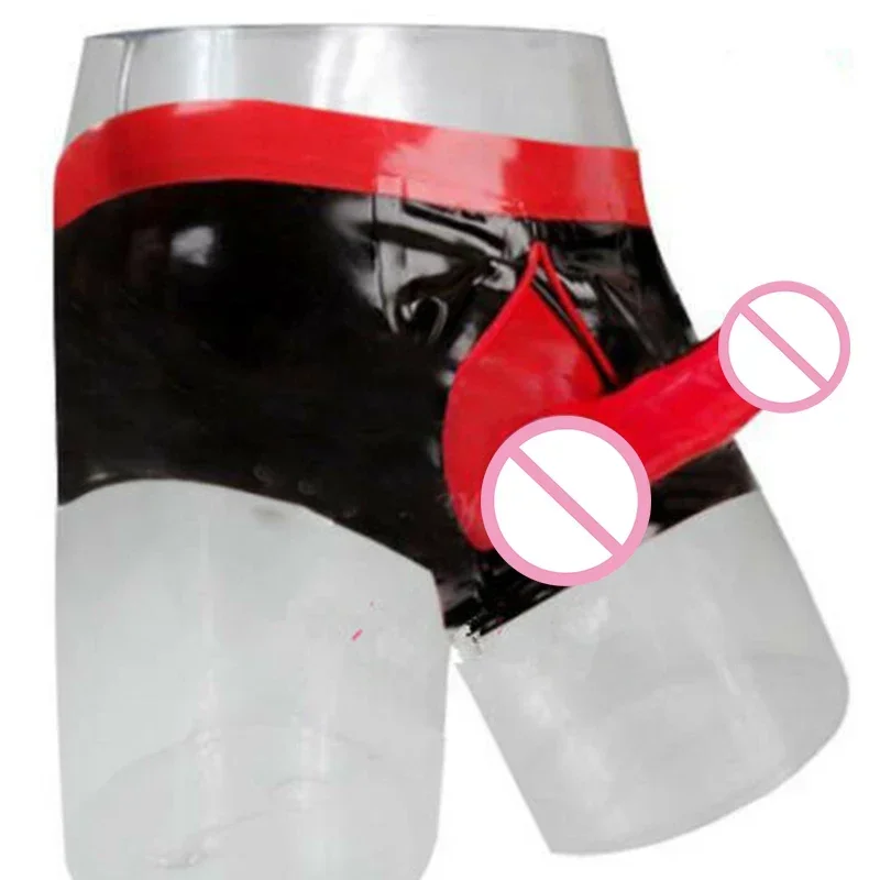 

Men Latex Rubber Shorts with Sheath Underwear Front Zip Handmade Black with Red