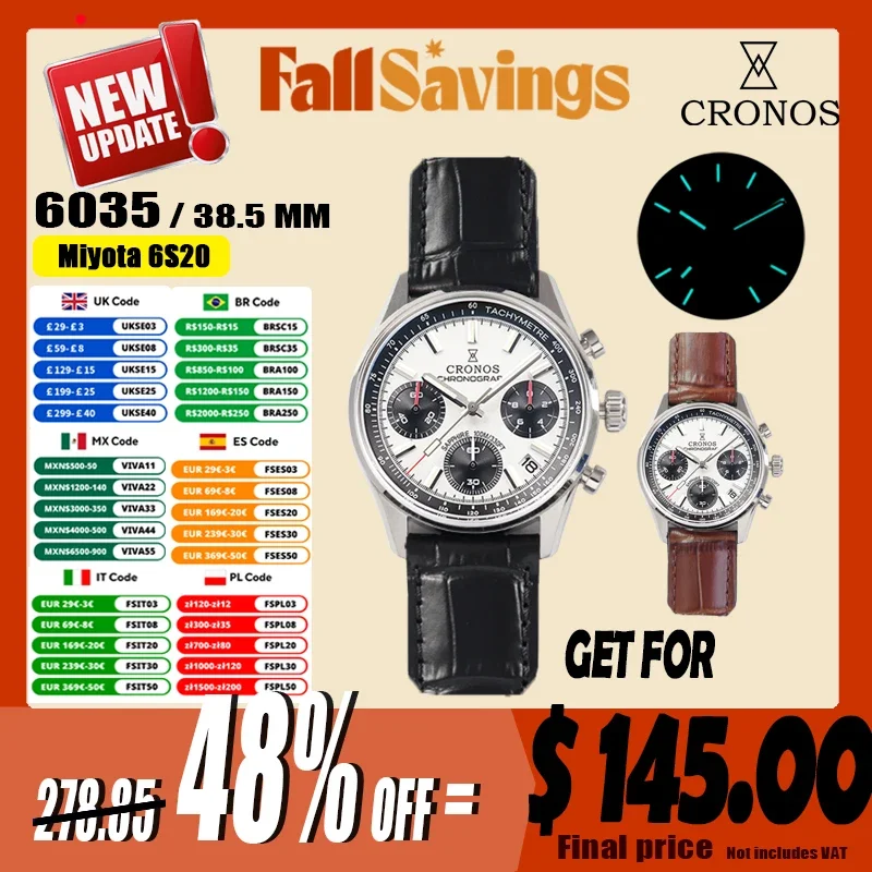 Cronos nuevo cronógrafo relojes de cuarzo para hombres Miyota 6S20 38,5mm negro y blanco Panda Dial zafiro resistente al agua 10Bar BGW-9 L6035